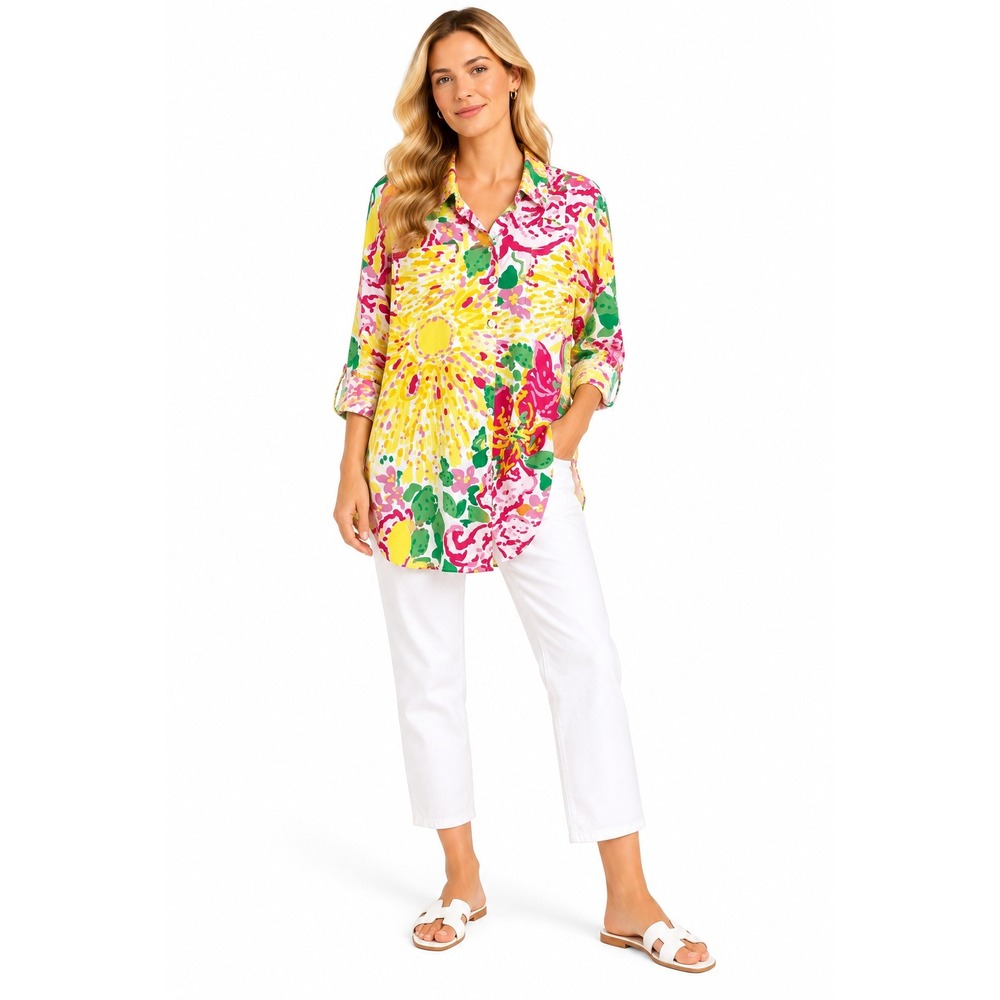 Button Up Shirt 2XL Yellow Floral Sunburst Long Sleeve Tunic Resortwear Summer